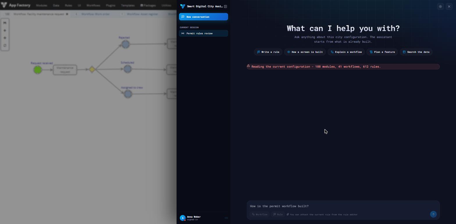 The assistant open in the configuration studio, working against the modules, workflows and rules already built