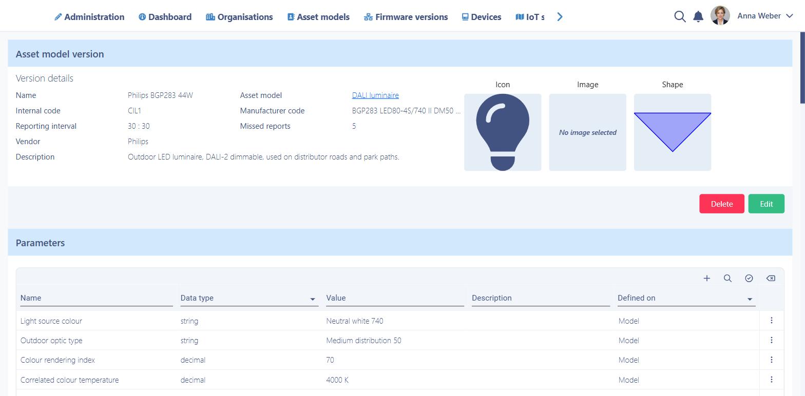Asset model version in Vision Smart Platform with typed parameters inherited from the model
