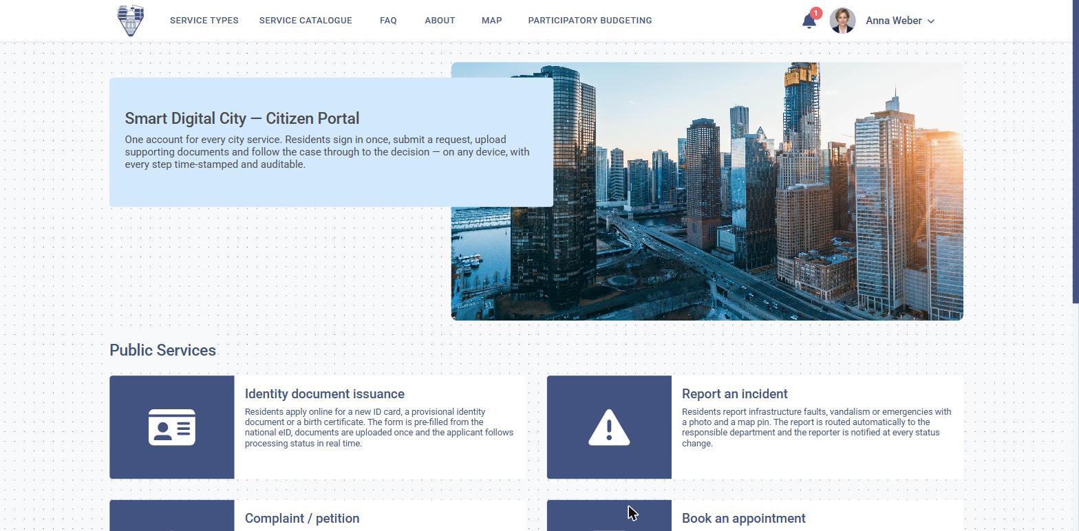 The Smart Digital City citizen portal: one account for every city service, with identity documents, incident reports, complaints and appointments