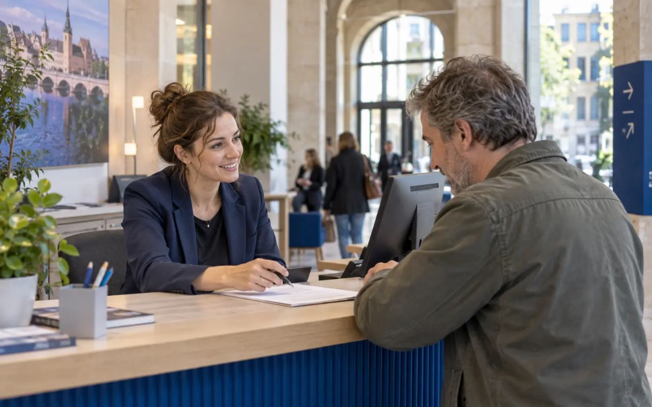 A municipal employee helping a resident at a public service desk