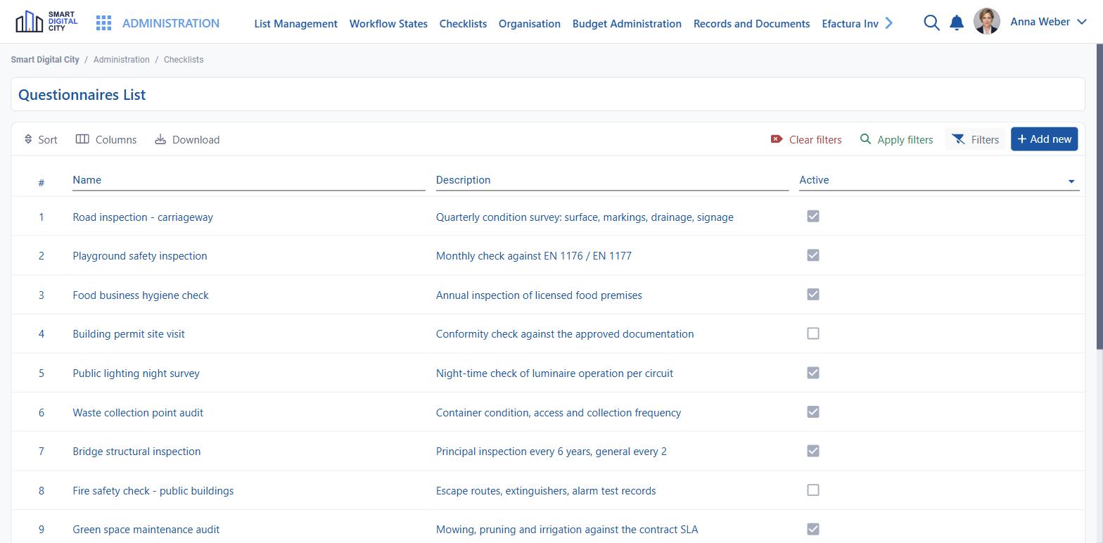 Inspection checklist library, each one versioned and switched on per inspection type