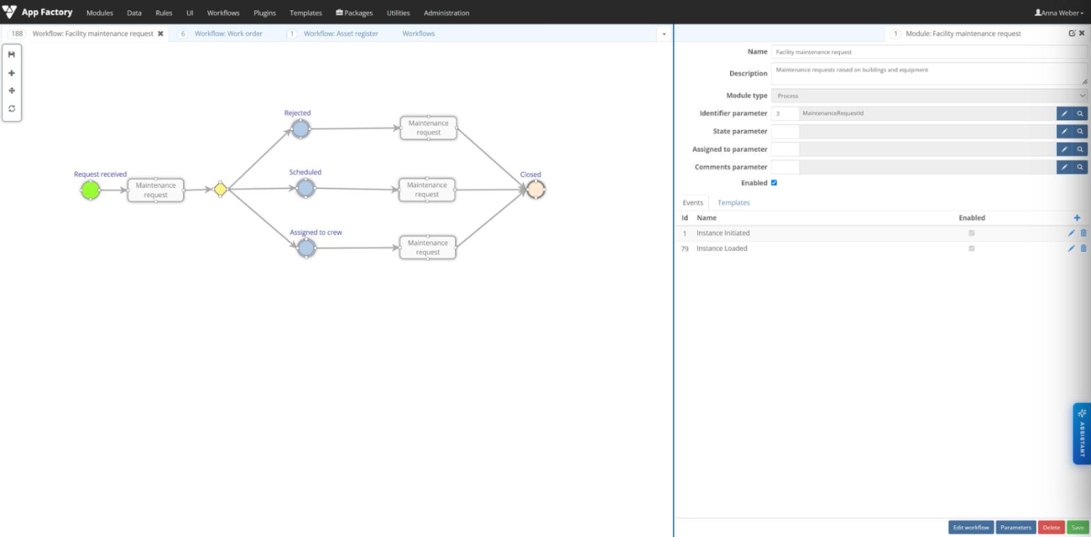 Facility maintenance request workflow in the App Factory designer with the module definition beside it