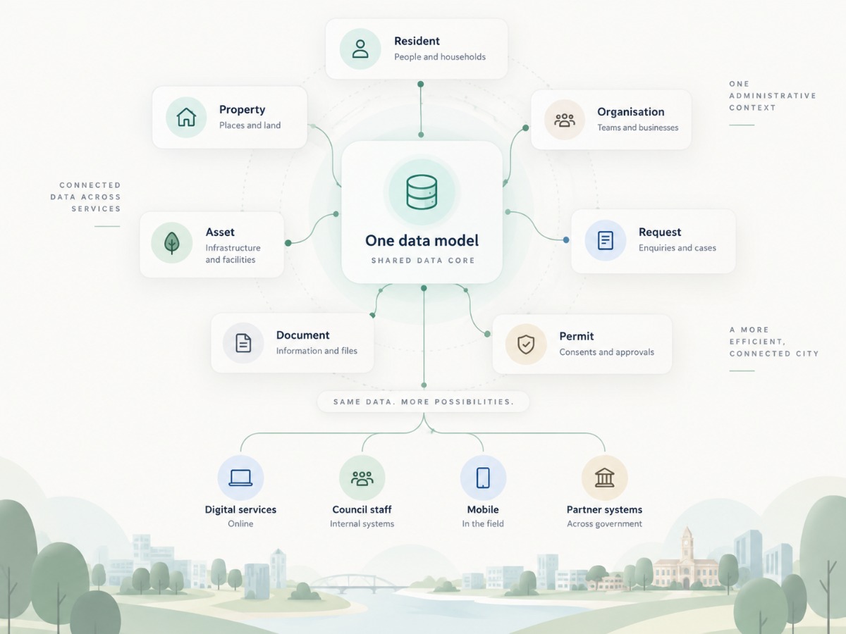 One data model connecting resident, organisation, property, asset, request, document and permit across the administration