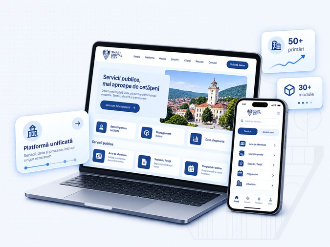 The Smart Digital City platform on a laptop and phone, showing the public services portal